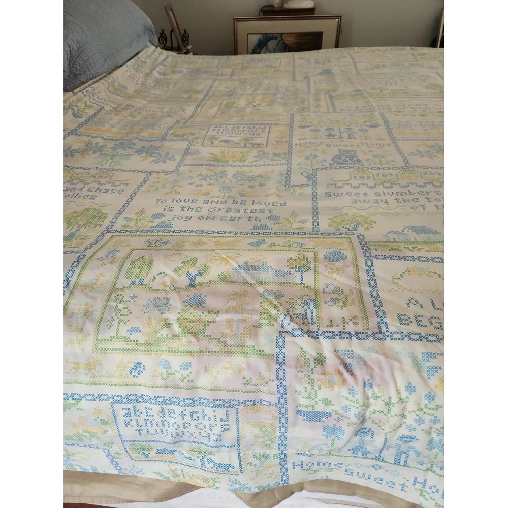 Vtg 70's Perma-Prest Full Flat Sheet Faux Cross Stitch Cottagecore Country